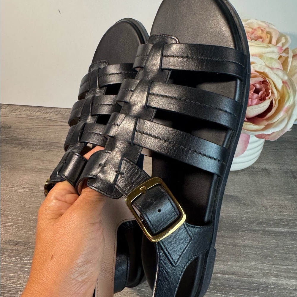Cole Haan Black Leather Strappy Sandal with Gold Buckle Accent - Picture 9 of 11
